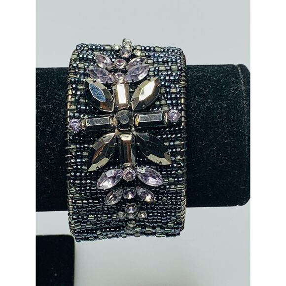New Cookie Lee Hematite Tone Beaded Open Cuff Bracelet - Picture 1 of 7